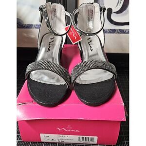 NINA Girl's Valetta Black Shimmer ankle strap sandals‎ Big Kid 5M